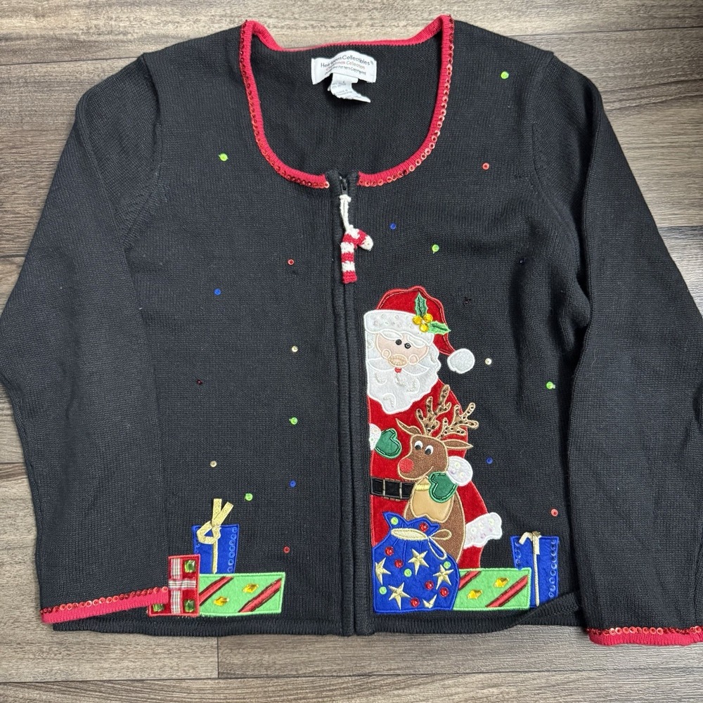 Vintage Heirloom Collectibles Christmas Santa Claus Cardigan Zip Sweater Sz L